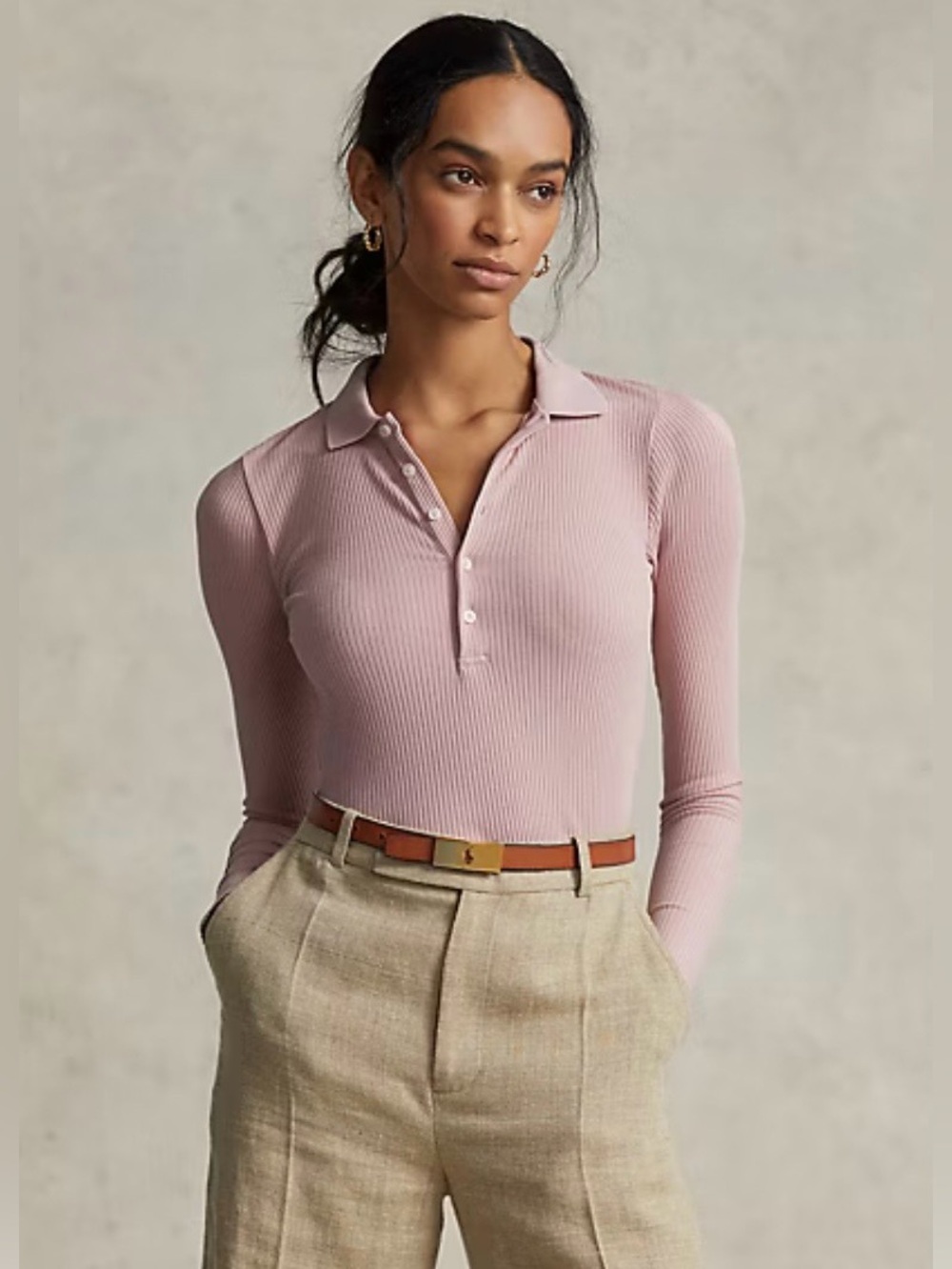 Polo Ralph Lauren Ribbed Long Sleeve Polo Shirt in Pink | Size M